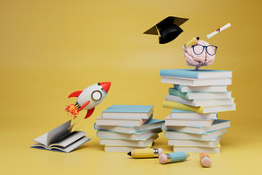 fast learning concept. a brain with a pencil and glasses, a master's cap, books and a rocket. 3d render